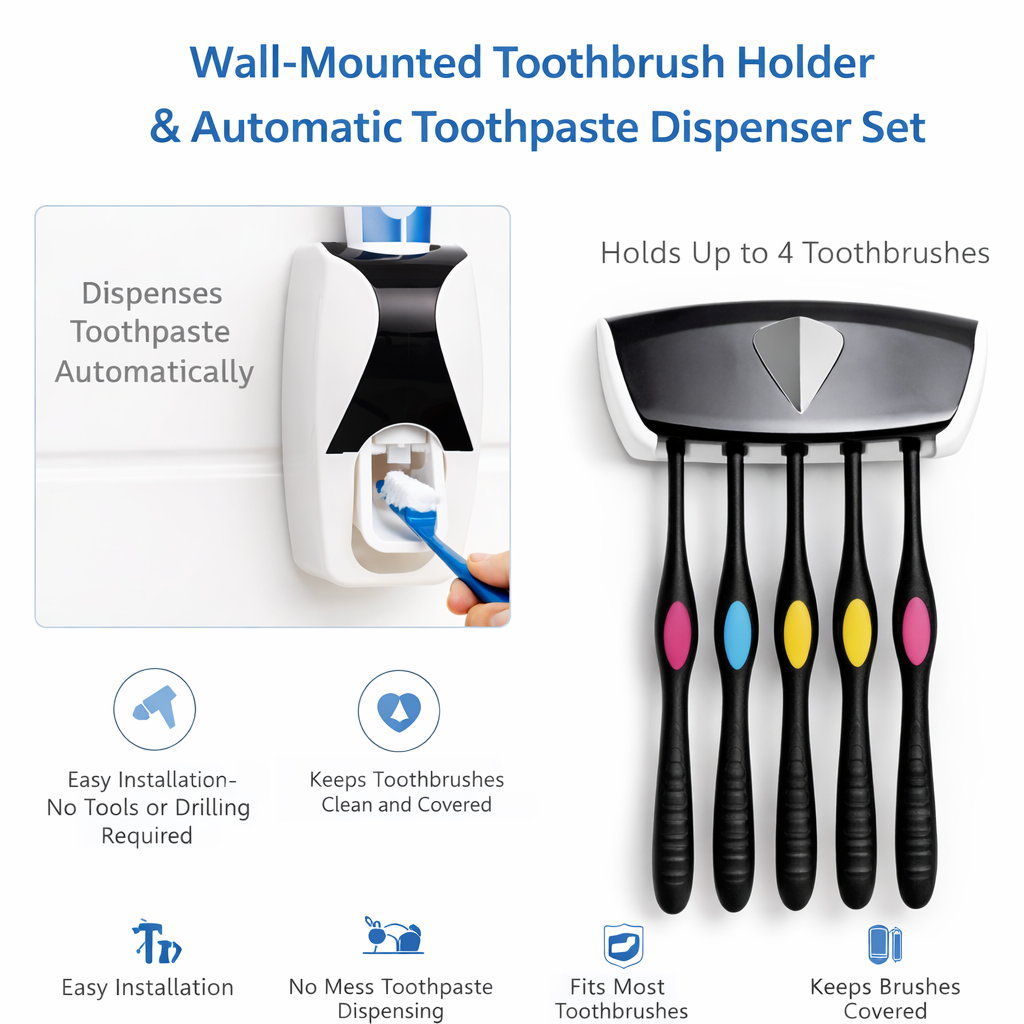 Wall Mounted Toothbrush Holder and Automatic Toothpaste Dispenser Set, No Drill Bathroom Organizer with Hands Free Toothpaste Squeezer, Holds Multiple Toothbrushes for Family Use