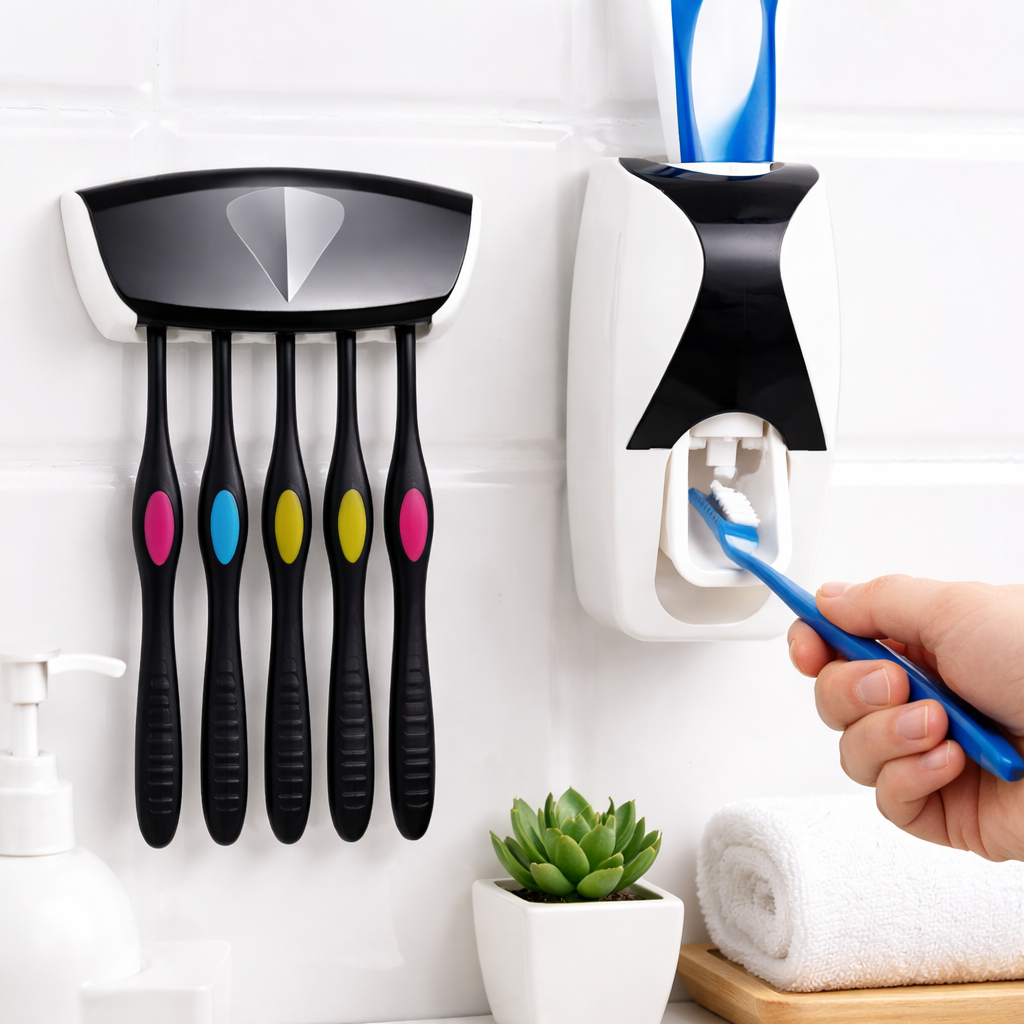 Wall Mounted Toothbrush Holder and Automatic Toothpaste Dispenser Set, No Drill Bathroom Organizer with Hands Free Toothpaste Squeezer, Holds Multiple Toothbrushes for Family Use