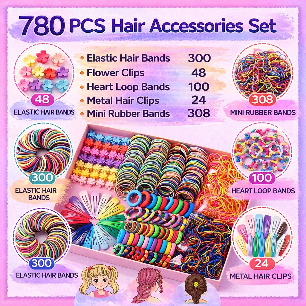 780 PCS Hair Accessories Set with Colorful Elastic Hair Bands, Rubber Bands, Flower Clips and Snap Hair Clips, Large Hair Styling Kit for Girls, Kids, Toddlers, Parties and Daily Hairstyles