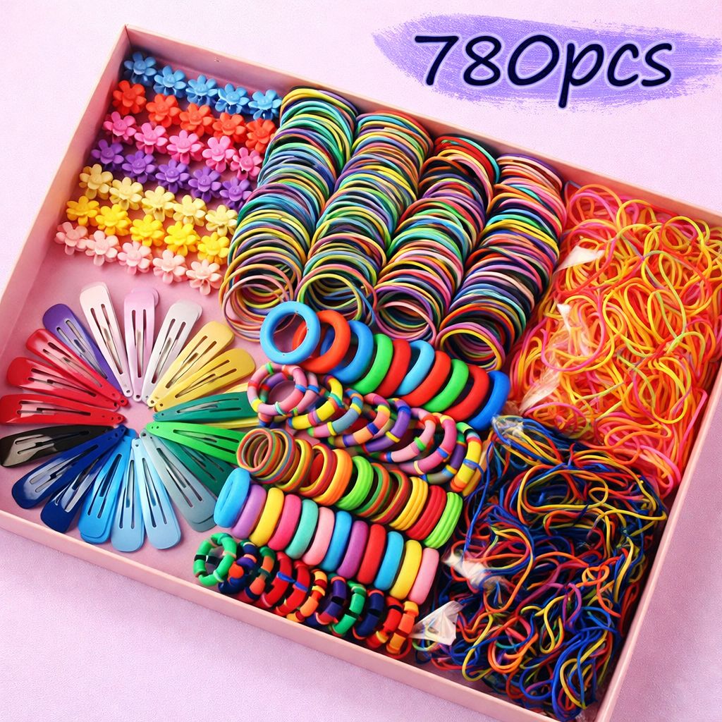 780 PCS Hair Accessories Set with Colorful Elastic Hair Bands, Rubber Bands, Flower Clips and Snap Hair Clips, Large Hair Styling Kit for Girls, Kids, Toddlers, Parties and Daily Hairstyles