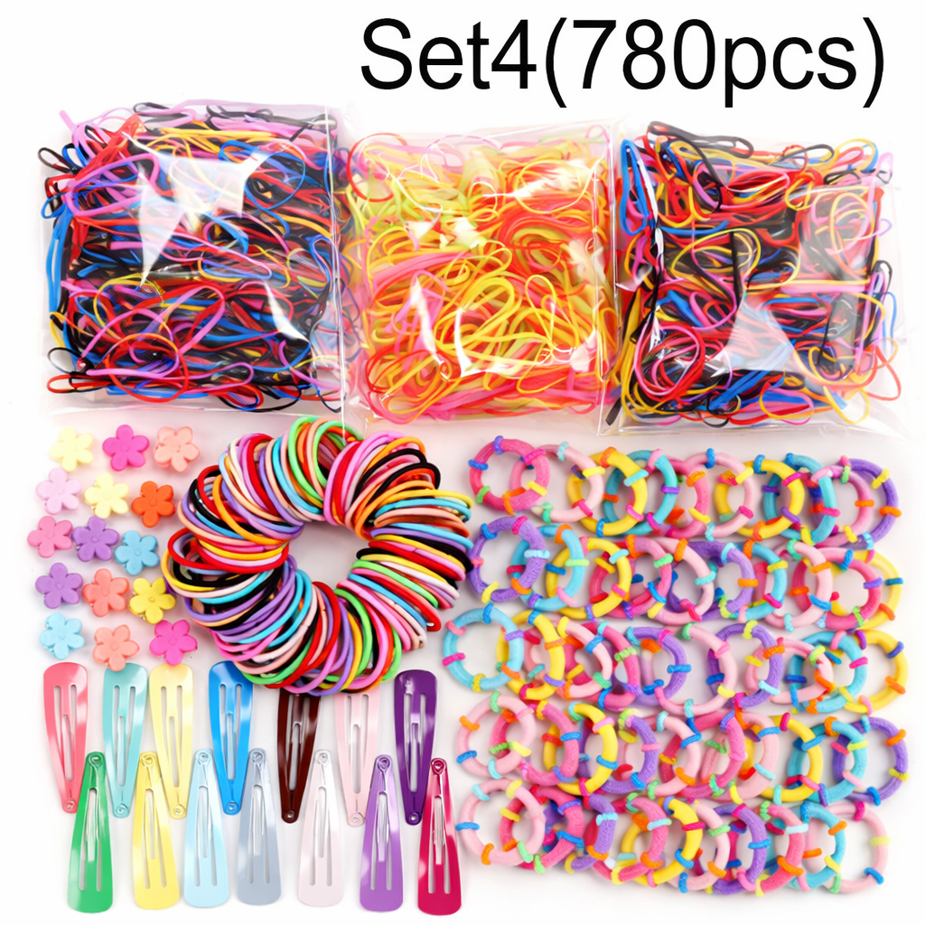 780 PCS Hair Accessories Set with Colorful Elastic Hair Bands, Rubber Bands, Flower Clips and Snap Hair Clips, Large Hair Styling Kit for Girls, Kids, Toddlers, Parties and Daily Hairstyles