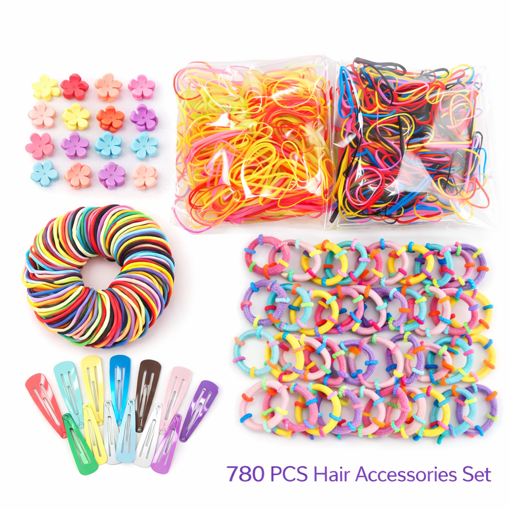780 PCS Hair Accessories Set with Colorful Elastic Hair Bands, Rubber Bands, Flower Clips and Snap Hair Clips, Large Hair Styling Kit for Girls, Kids, Toddlers, Parties and Daily Hairstyles