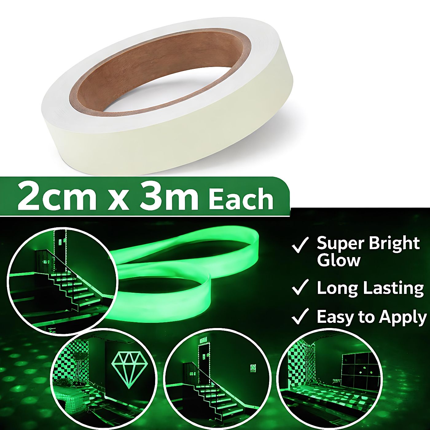 Glow in the Dark Tape 2cm x 3m Self-Adhesive Luminous Safety Tape for Stairs, Walls, Floors, Emergency Exits, Home, Office and Outdoor Night Visibility Fluorescent Tape