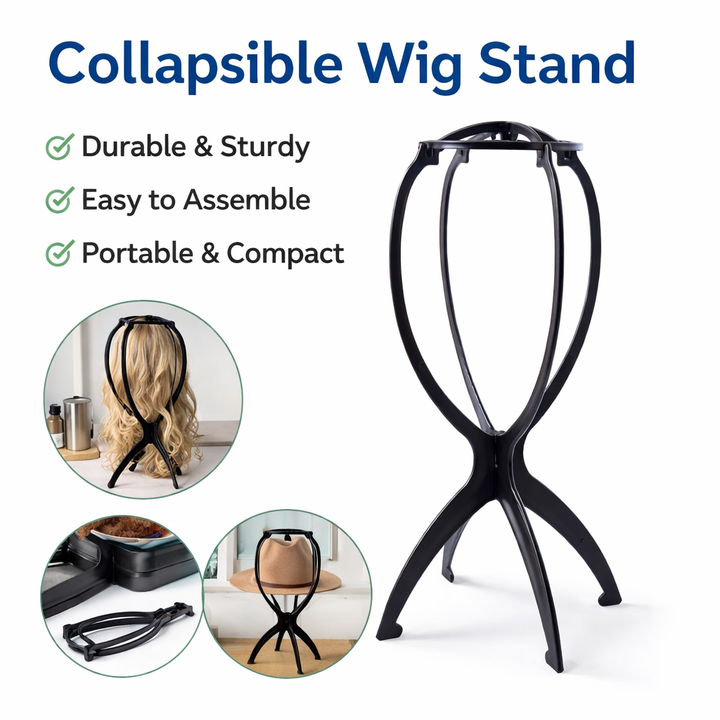 Portable Folding Plastic Wig Stand for Wigs and Hair Extensions, Stable Mannequin Head Display Holder, Lightweight Collapsible Design for Home, Salon, Travel and Storage