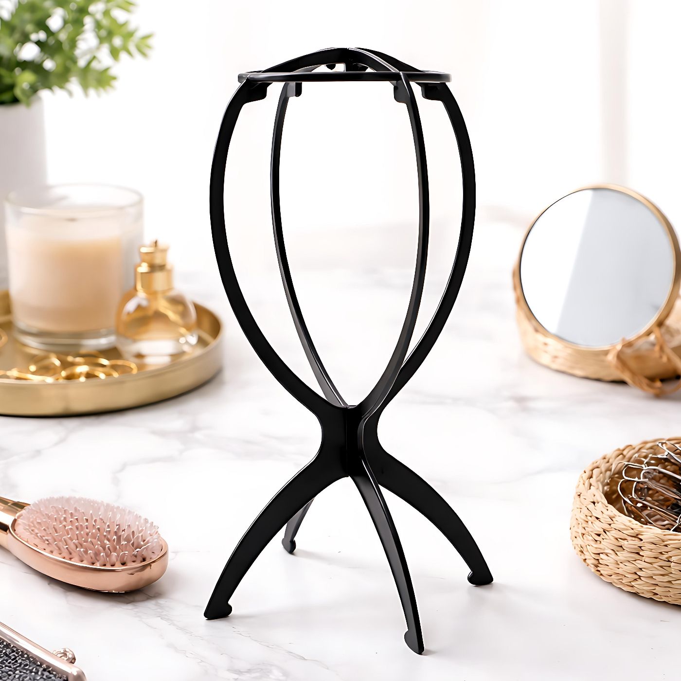 Portable Folding Plastic Wig Stand for Wigs and Hair Extensions, Stable Mannequin Head Display Holder, Lightweight Collapsible Design for Home, Salon, Travel and Storage