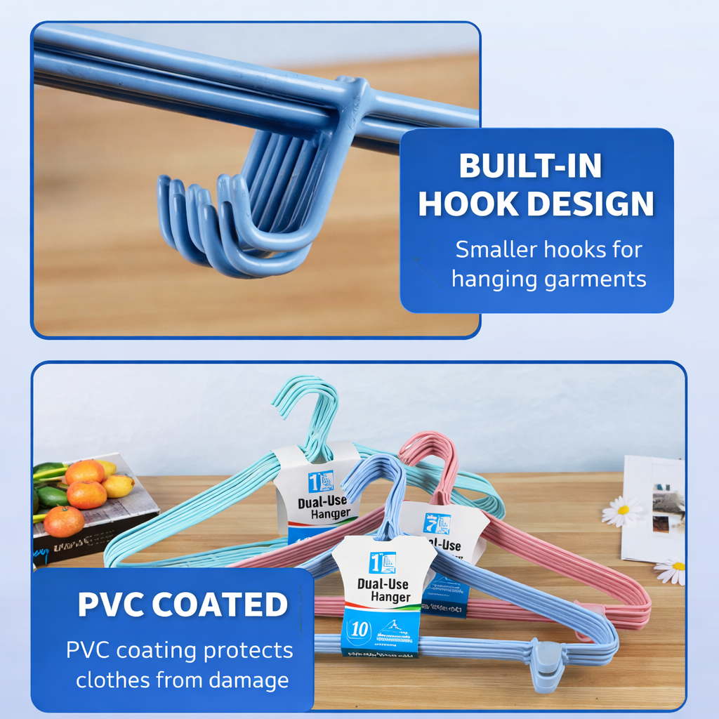 Plastic Clothes Hangers 10 Pack with PVC Coating, Durable Non-Slip Hangers Featuring Built-In Hooks for Clothes, Towels and Accessories, Suitable for Dry & Wet Use, Gentle on Fabrics Hanger Clothes