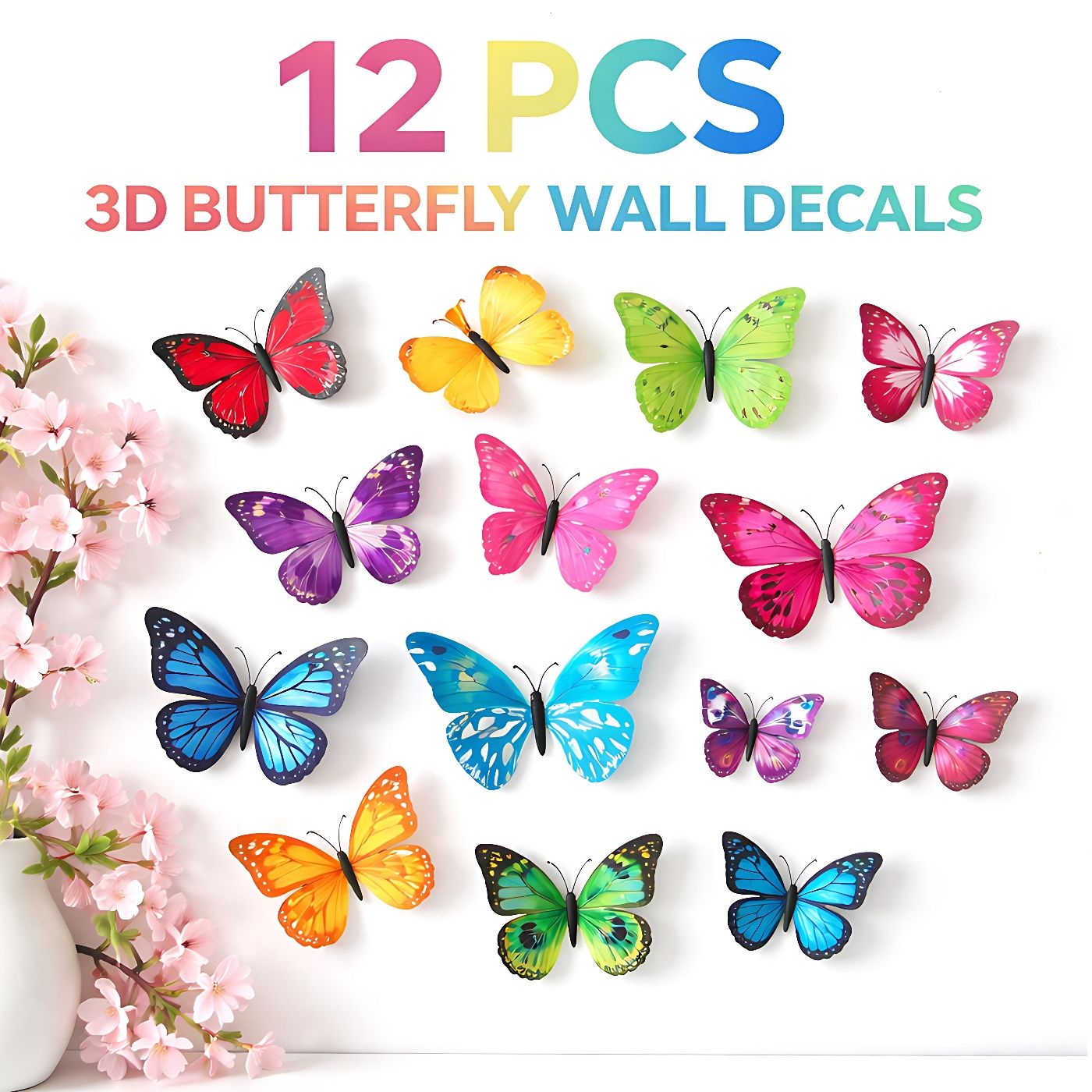 12PCS 3D Butterfly Wall Decals, Colorful Removable Butterfly Wall Sticker with 3D Effect for Bedroom, Living Room, Kids Room, Party and Wedding Decoration on Walls, Furniture, Decor, and Art