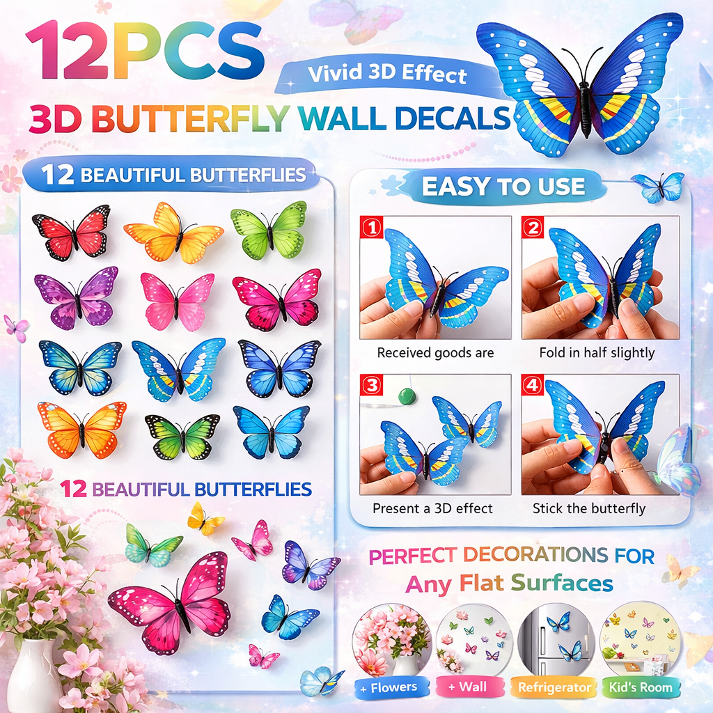 12PCS 3D Butterfly Wall Decals, Colorful Removable Butterfly Wall Sticker with 3D Effect for Bedroom, Living Room, Kids Room, Party and Wedding Decoration on Walls, Furniture, Decor, and Art