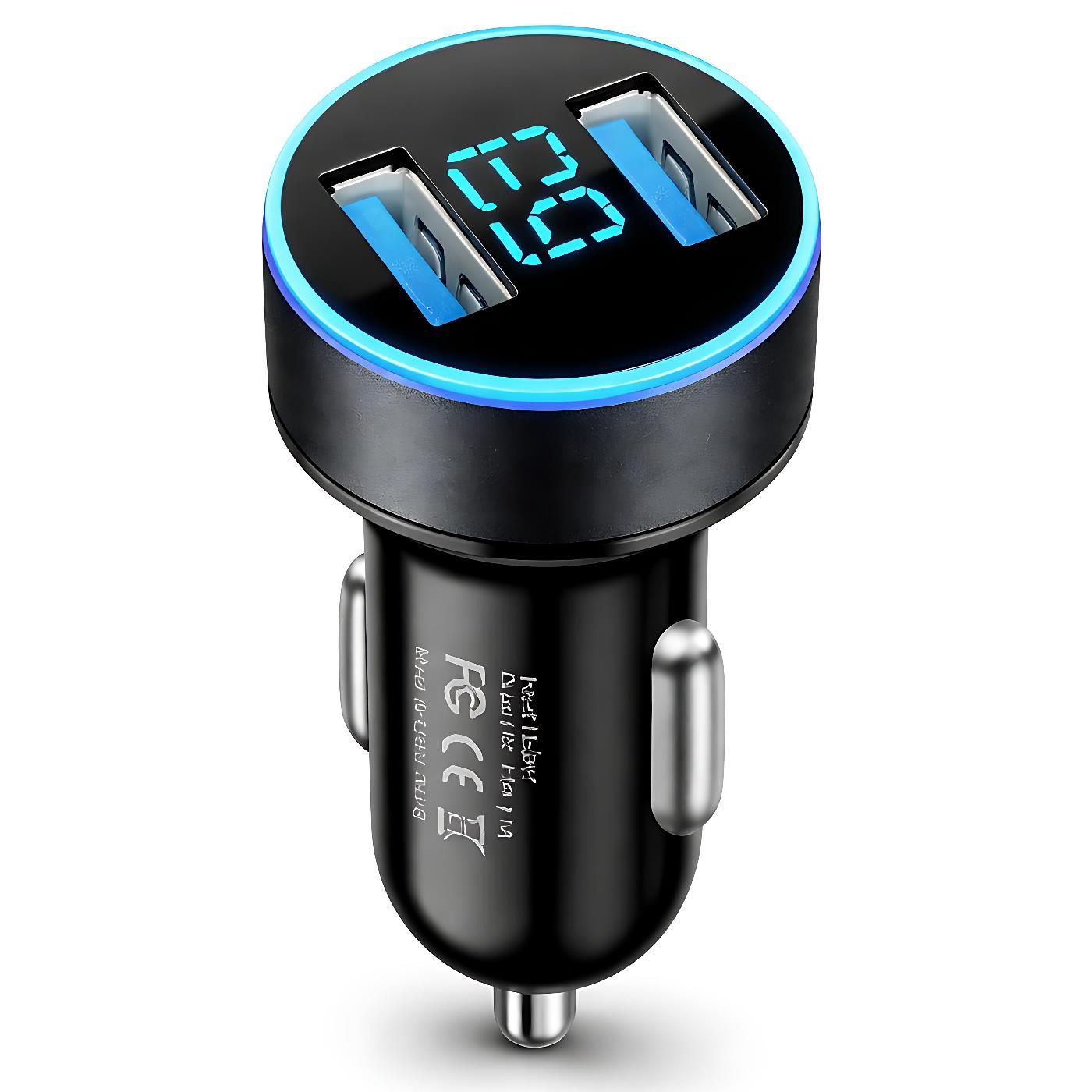 Dual USB Car Charger with LED Voltage Display, Fast Charging Adapter for 12V/24V Vehicles, Smart Car Cigarette Lighter Plug with Blue LED Ring, Compact Metal Design for Phones, Tablets and GPS Power