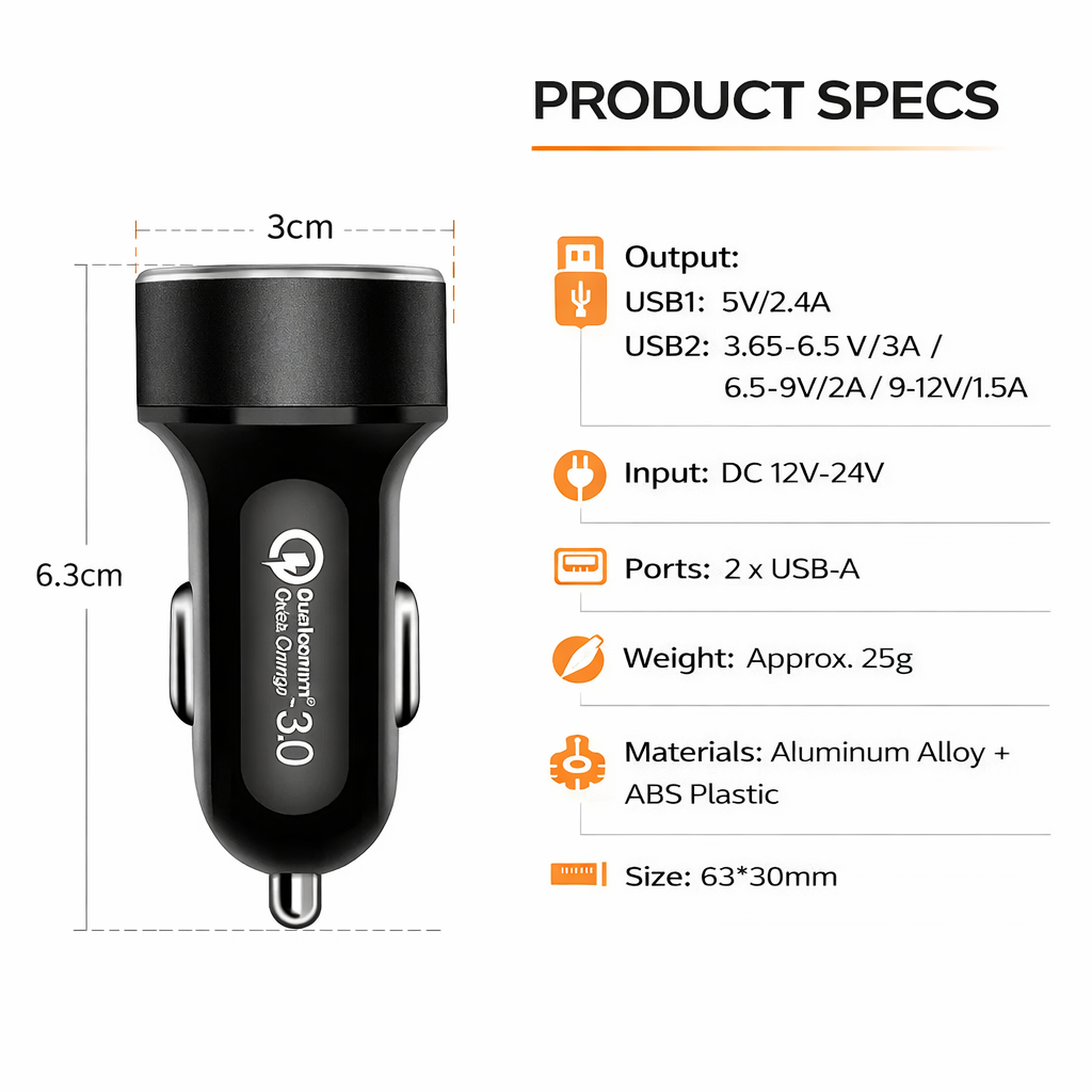 Dual USB Car Charger with LED Voltage Display, Fast Charging Adapter for 12V/24V Vehicles, Smart Car Cigarette Lighter Plug with Blue LED Ring, Compact Metal Design for Phones, Tablets and GPS Power