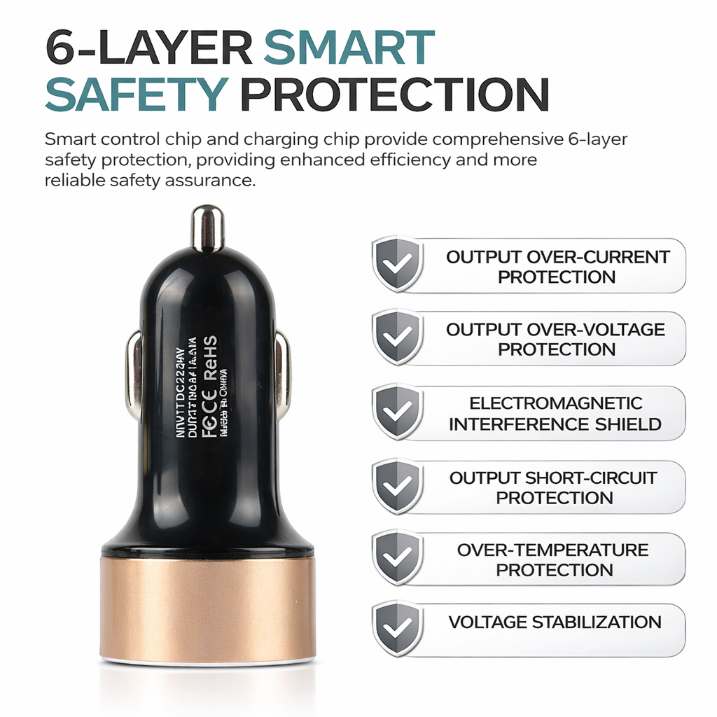 Dual USB Car Charger with LED Voltage Display, Fast Charging Adapter for 12V/24V Vehicles, Smart Car Cigarette Lighter Plug with Blue LED Ring, Compact Metal Design for Phones, Tablets and GPS Power