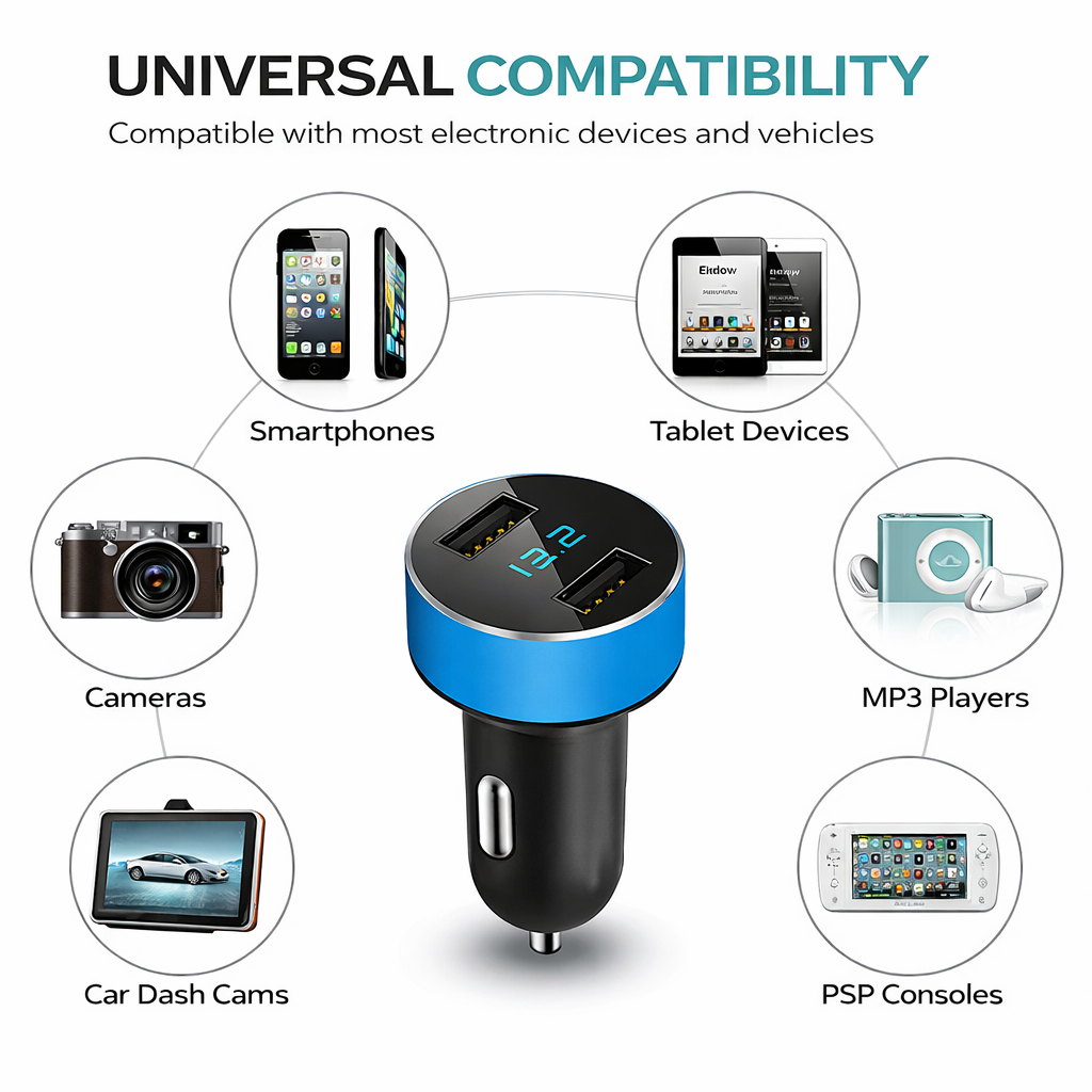 Dual USB Car Charger with LED Voltage Display, Fast Charging Adapter for 12V/24V Vehicles, Smart Car Cigarette Lighter Plug with Blue LED Ring, Compact Metal Design for Phones, Tablets and GPS Power