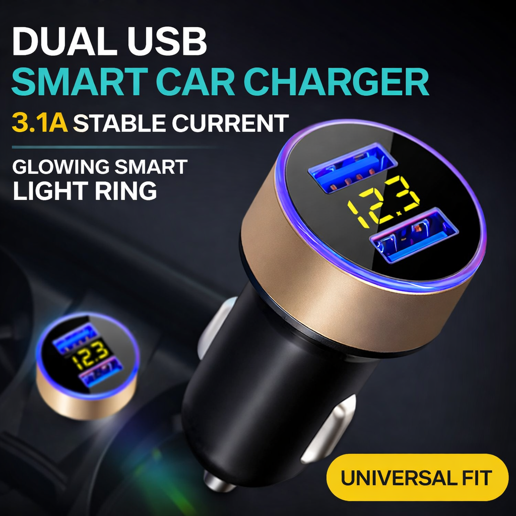 Dual USB Car Charger with LED Voltage Display, Fast Charging Adapter for 12V/24V Vehicles, Smart Car Cigarette Lighter Plug with Blue LED Ring, Compact Metal Design for Phones, Tablets and GPS Power