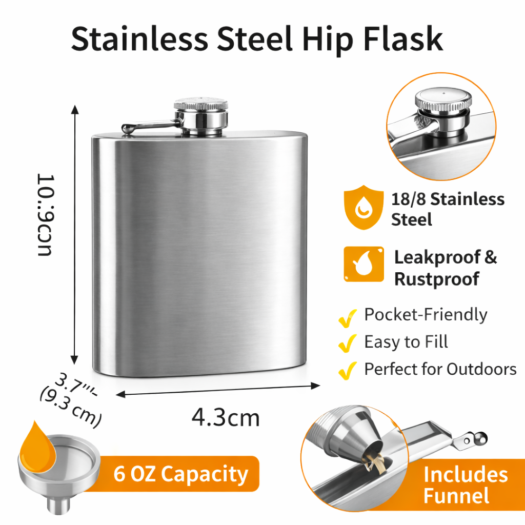 Stainless Steel Hip Flask with Leakproof Screw Cap, Compact Pocket Liquor Flask Made from Durable Rustproof Steel, Ideal for Whiskey, Vodka, Gin, Outdoor Travel, Camping Alcohol Flask