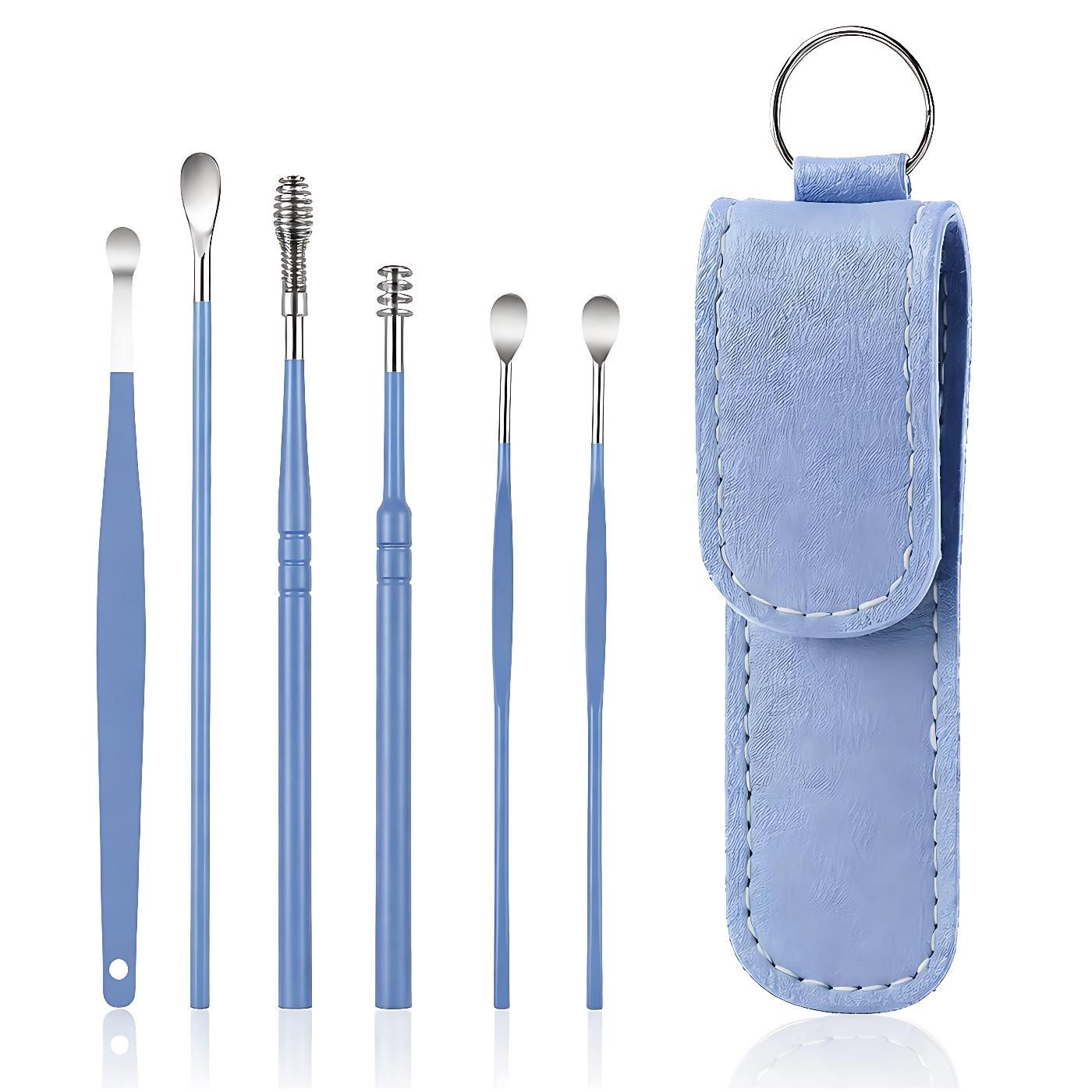 Ear Cleaning 6pcs Set, Stainless Steel Earwax Removal Tools with Spoon, Spiral and Spring Tips, Reusable Hygienic Ear Pick Kit with Portable Leather Case for Adults and Kids Family Use