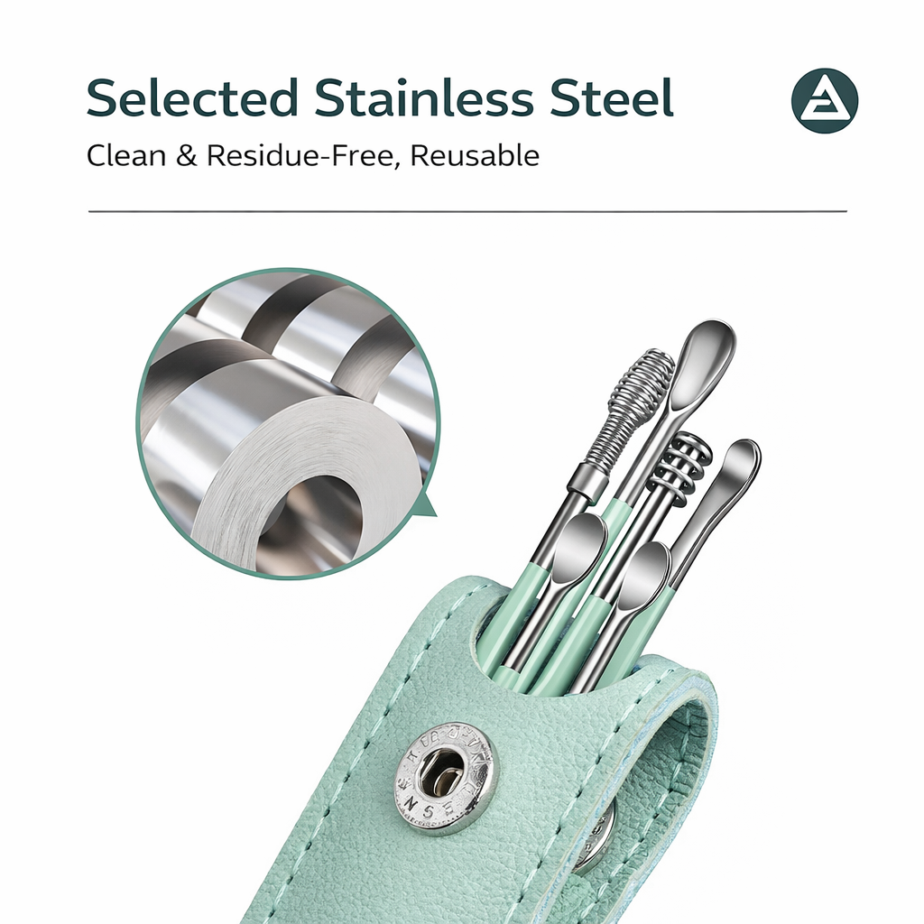 Ear Cleaning 6pcs Set, Stainless Steel Earwax Removal Tools with Spoon, Spiral and Spring Tips, Reusable Hygienic Ear Pick Kit with Portable Leather Case for Adults and Kids Family Use