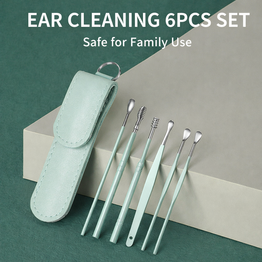 Ear Cleaning 6pcs Set, Stainless Steel Earwax Removal Tools with Spoon, Spiral and Spring Tips, Reusable Hygienic Ear Pick Kit with Portable Leather Case for Adults and Kids Family Use