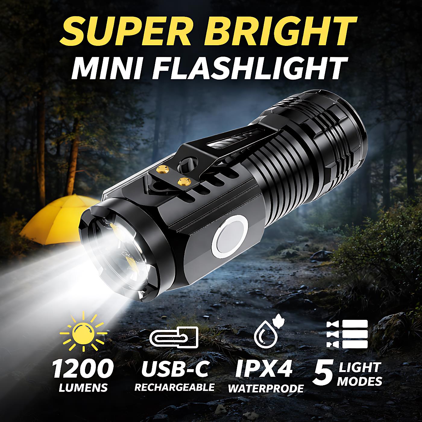 3LED Super Bright Portable Mini Flashlight, USB-C Long-Range Torch Rechargeable with Pen Clip, Tail Magnet, 5 Light Modes, IPX4 Waterproof, Ideal for Outdoor Emergency, Camping Flash light Torch Light
