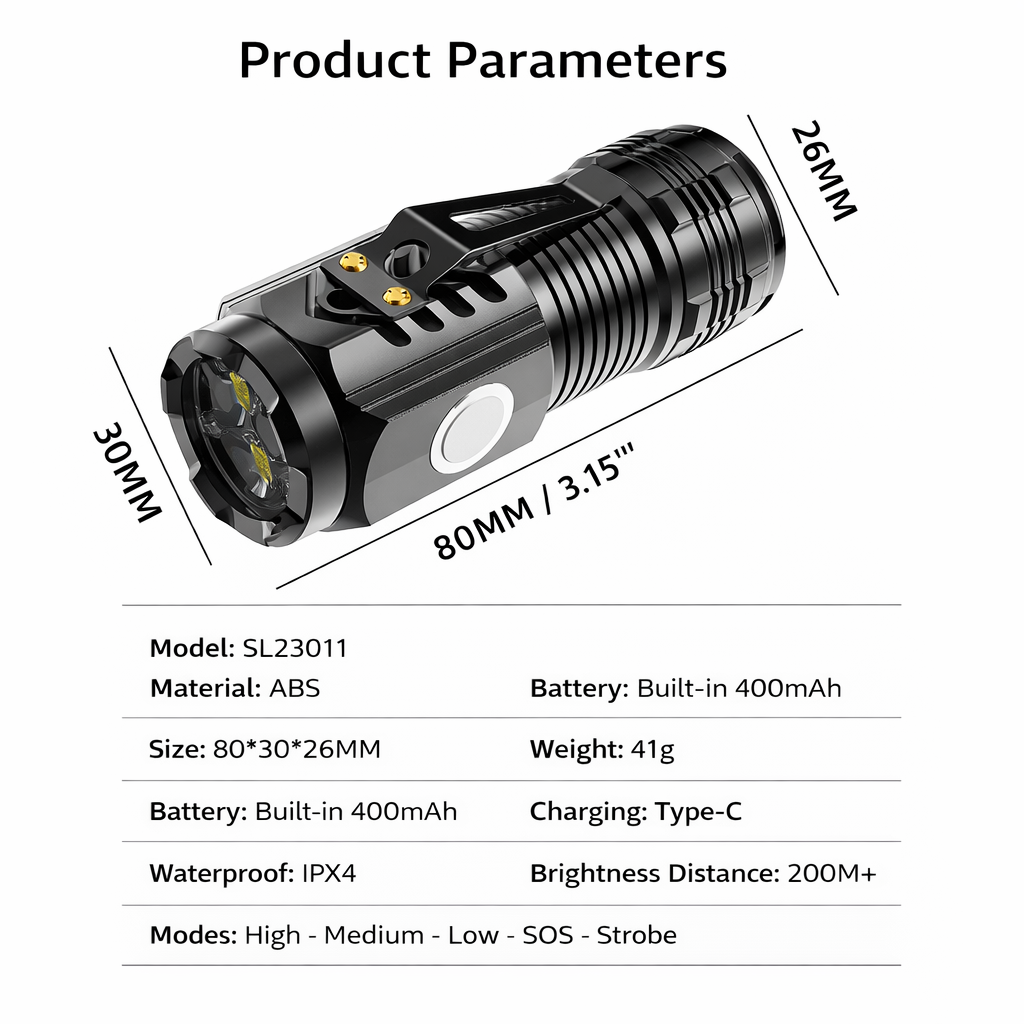 3LED Super Bright Portable Mini Flashlight, USB-C Long-Range Torch Rechargeable with Pen Clip, Tail Magnet, 5 Light Modes, IPX4 Waterproof, Ideal for Outdoor Emergency, Camping Flash light Torch Light