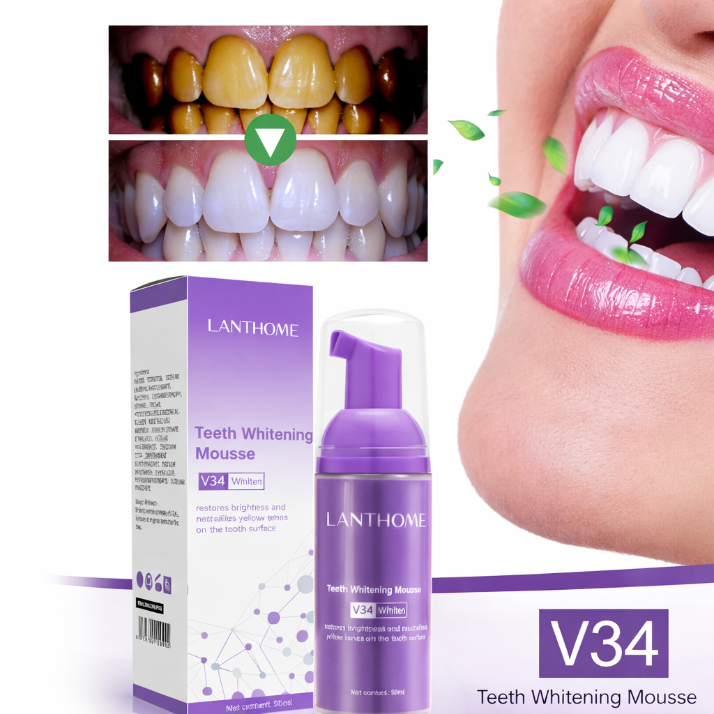 V34 Teeth Whitening Mousse Deep Cleaning Toothpaste for Cigarette Stains Repair, Neutralizes Yellow Tones, Removes Dental Plaque, Brightens Teeth Surface and Freshens Breath for Daily Oral Care