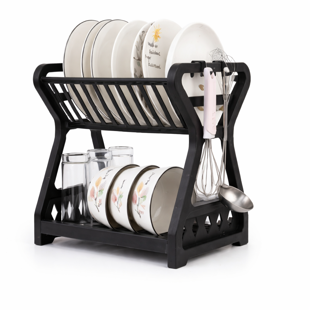 Double Layer Kitchen Dish Drying Rack with Drain Tray, Utensil Hooks, Bowl and Plate Storage, Multi-Purpose Countertop Dish Storage Rack, Durable Plastic Design Dish Organizer
