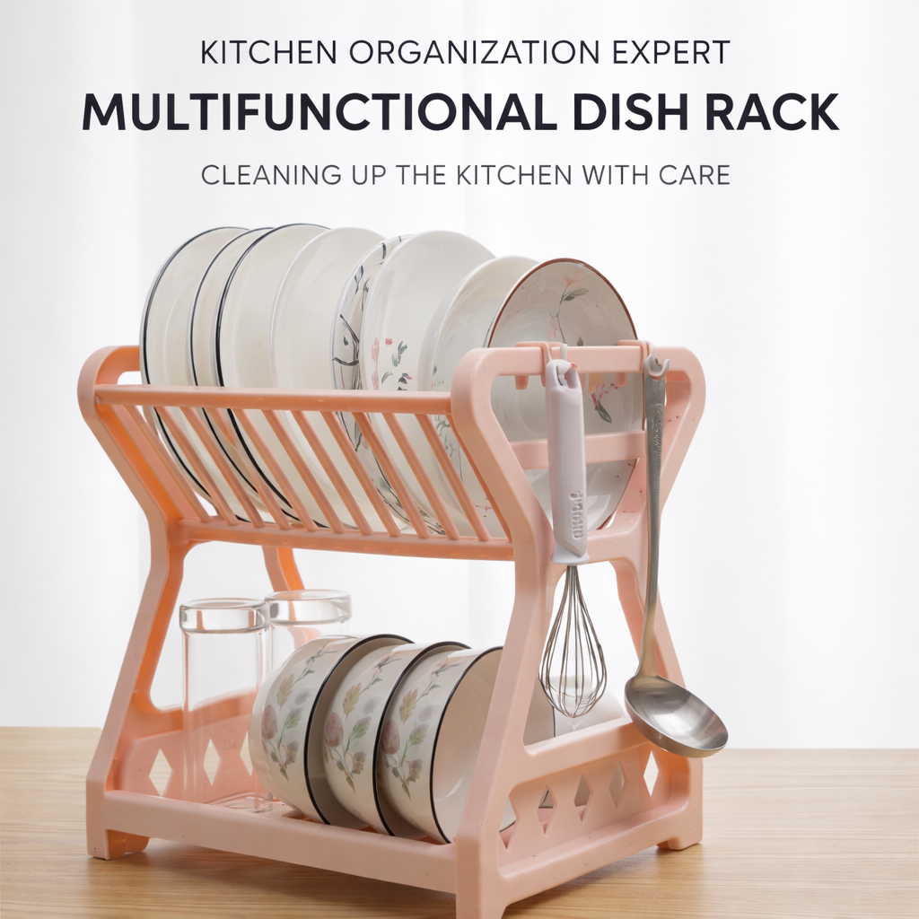 Double Layer Kitchen Dish Drying Rack with Drain Tray, Utensil Hooks, Bowl and Plate Storage, Multi-Purpose Countertop Dish Storage Rack, Durable Plastic Design Dish Organizer
