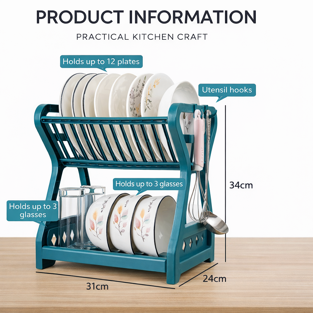 Double Layer Kitchen Dish Drying Rack with Drain Tray, Utensil Hooks, Bowl and Plate Storage, Multi-Purpose Countertop Dish Storage Rack, Durable Plastic Design Dish Organizer