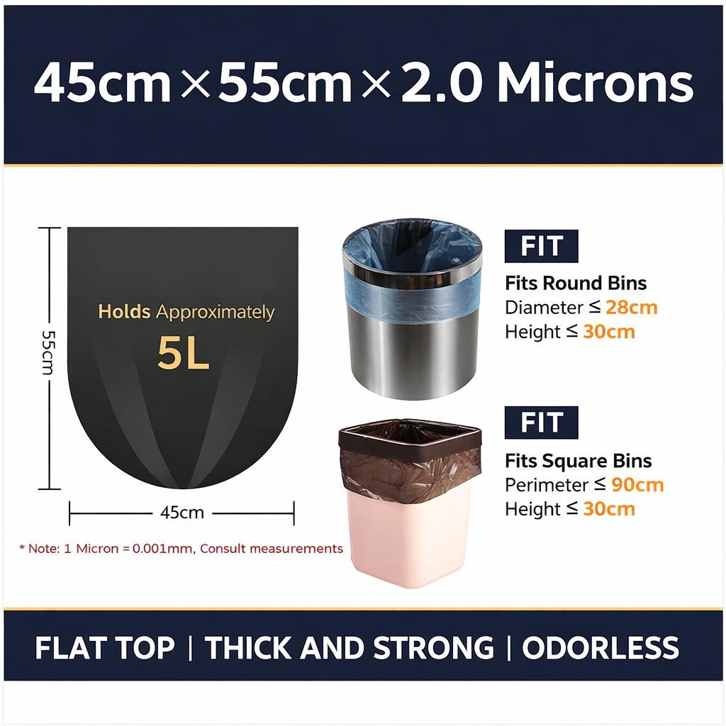 Heavy Duty Black Trash Bags 45×55cm Extra Thick 2.0 Micron Garbage Bags, Leakproof and Tear Resistant, Odorless Strong Plastic Waste Bags for Kitchen, Office, Outdoor and Commercial Use