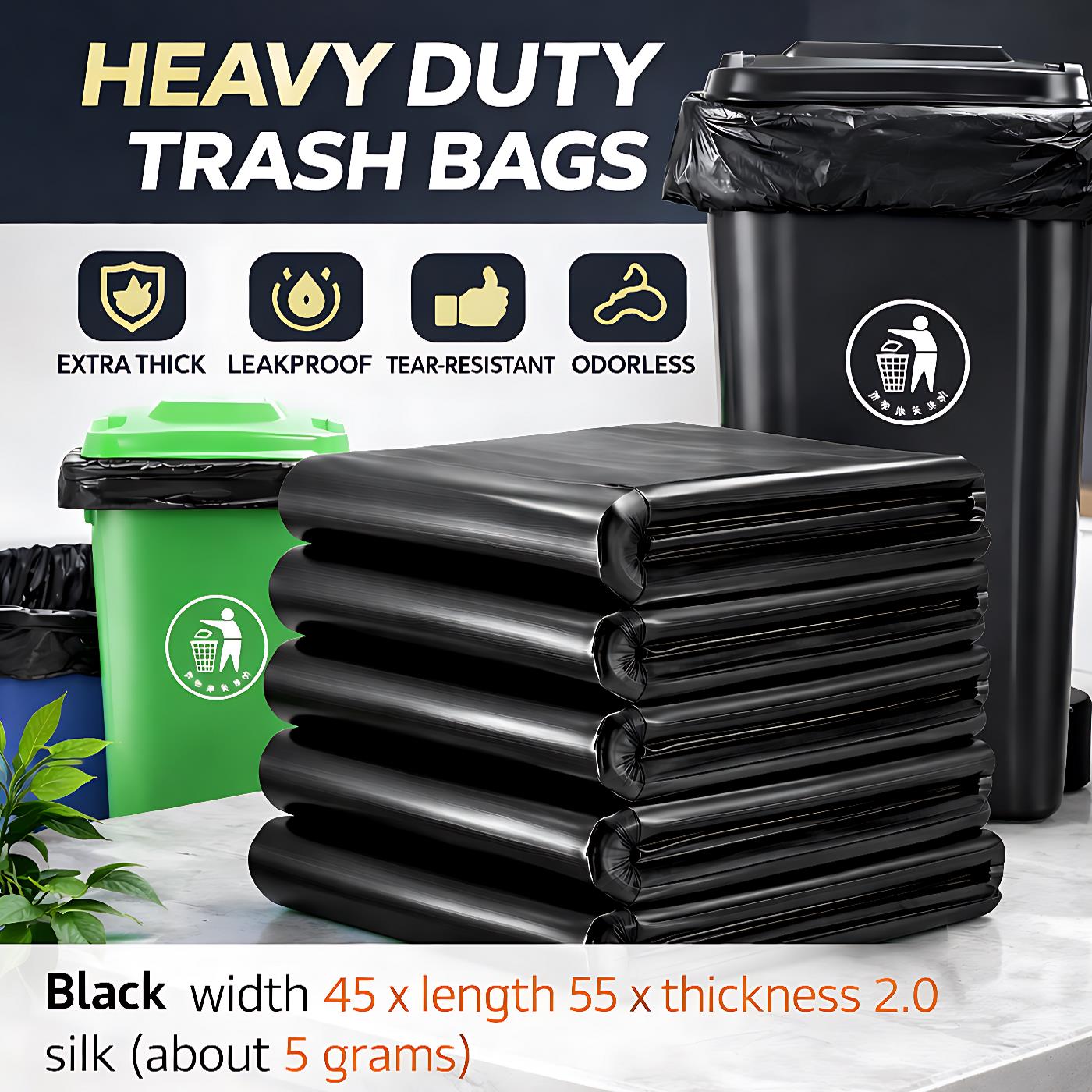 Heavy Duty Black Trash Bags 45×55cm Extra Thick 2.0 Micron Garbage Bags, Leakproof and Tear Resistant, Odorless Strong Plastic Waste Bags for Kitchen, Office, Outdoor and Commercial Use