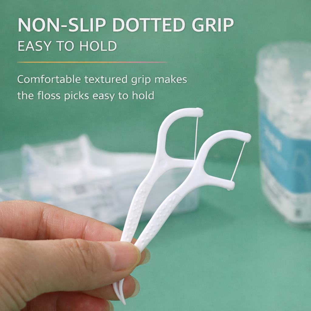 Dental floss picks 50-pack with portable storage case, strong shred-resistant thread, and ergonomic easy-grip handle - designed for deep cleaning, plaque removal, and maintaining fresh oral hygiene.