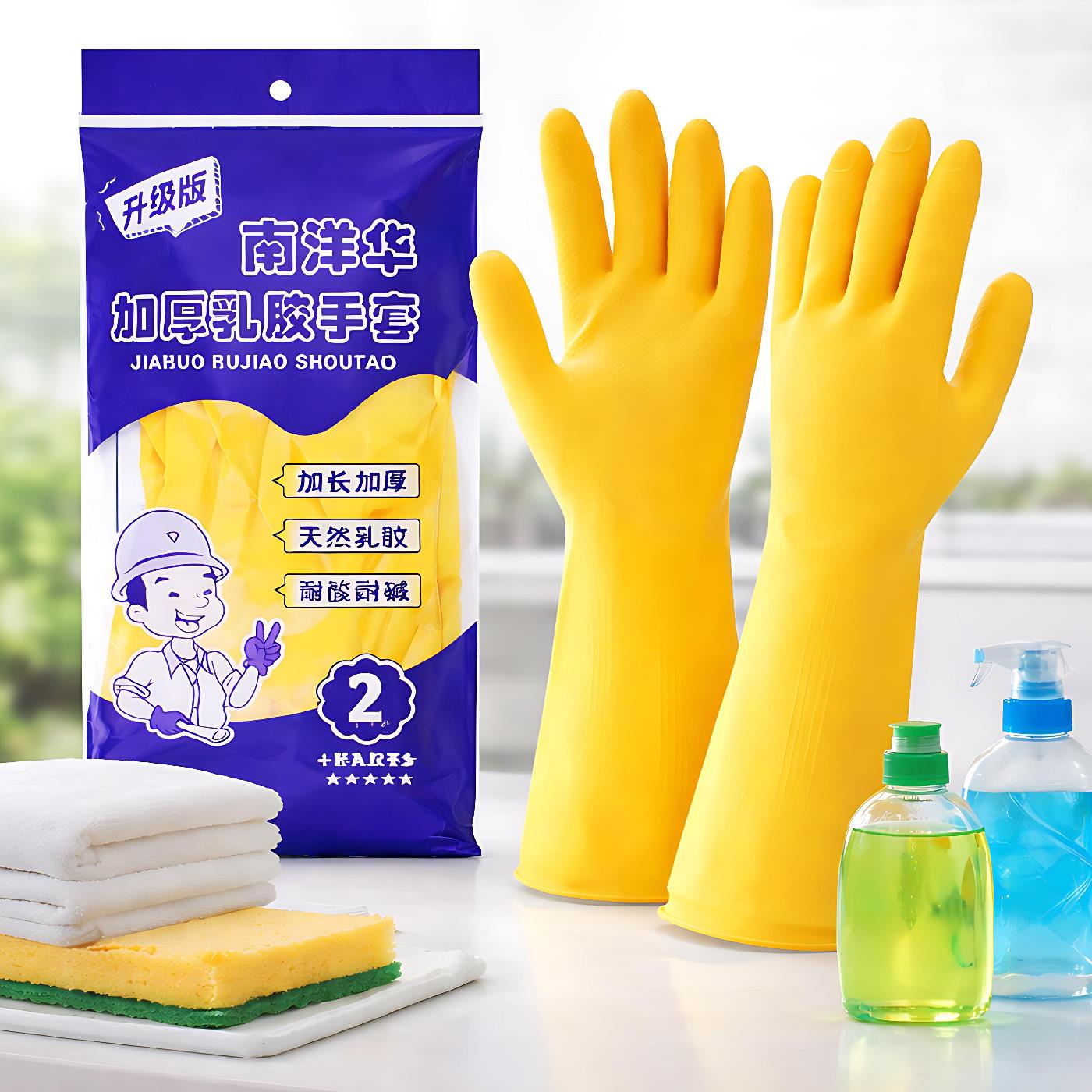 85g Heavy-Duty Yellow Latex Cleaning Gloves for Dishwashing, Laundry, Housework, and Kitchen Use – Durable, Long Cuff Design with Anti-Slip Grip, Waterproof Protection, and Comfortable Fit for Daily