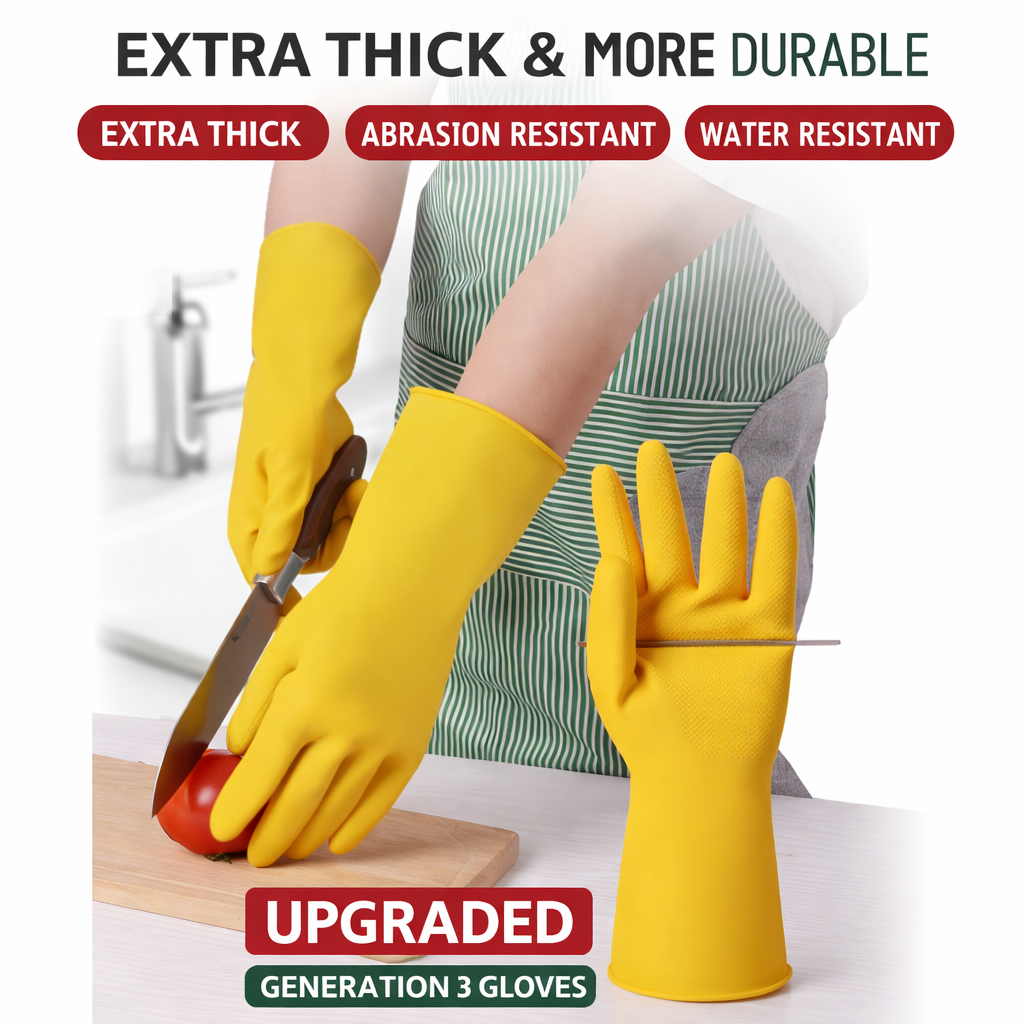 85g Heavy-Duty Yellow Latex Cleaning Gloves for Dishwashing, Laundry, Housework, and Kitchen Use – Durable, Long Cuff Design with Anti-Slip Grip, Waterproof Protection, and Comfortable Fit for Daily