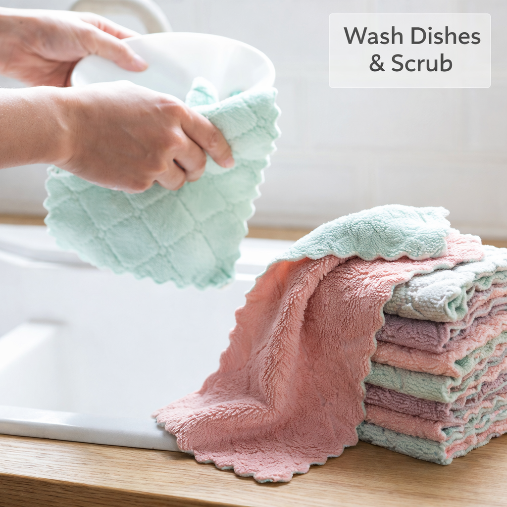 5-Piece Double-Sided Coral Fleece Dish Cloth Set, Extra-Thick and Super-Absorbent Cleaning Towels for Kitchen, Dishes, Countertops and Everyday Use – Soft, Durable, Quick-Drying Microfiber Cloths for