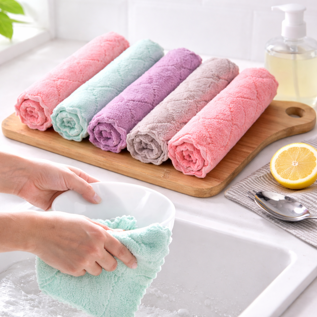 5-Piece Double-Sided Coral Fleece Dish Cloth Set, Extra-Thick and Super-Absorbent Cleaning Towels for Kitchen, Dishes, Countertops and Everyday Use – Soft, Durable, Quick-Drying Microfiber Cloths for