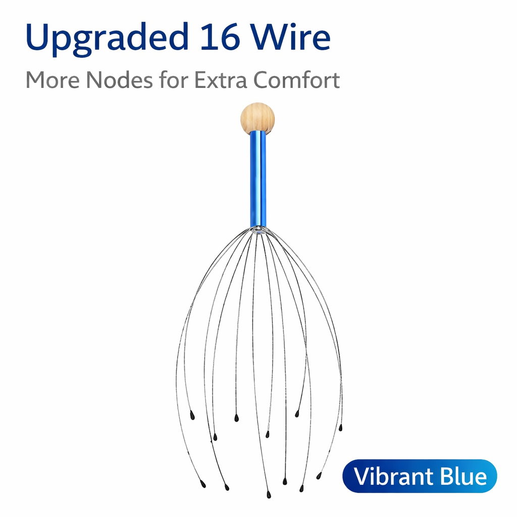 Premium Stainless Steel Head Scalp Massager with 16 Ultra-Flexible Wires and Soft Tips, designed for deep relaxation, stress relief, improved blood circulation, and a soothing tingling sensation.
