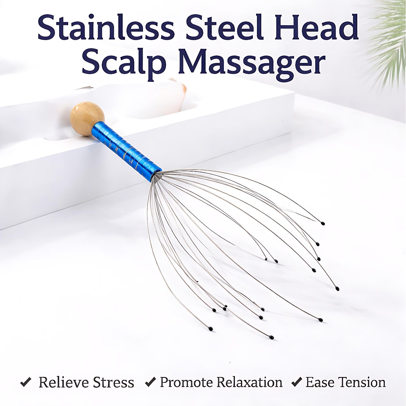 Premium Stainless Steel Head Scalp Massager with 16 Ultra-Flexible Wires and Soft Tips, designed for deep relaxation, stress relief, improved blood circulation, and a soothing tingling sensation.