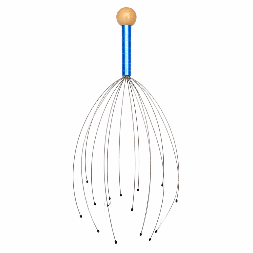 Premium Stainless Steel Head Scalp Massager with 16 Ultra-Flexible Wires and Soft Tips, designed for deep relaxation, stress relief, improved blood circulation, and a soothing tingling sensation.