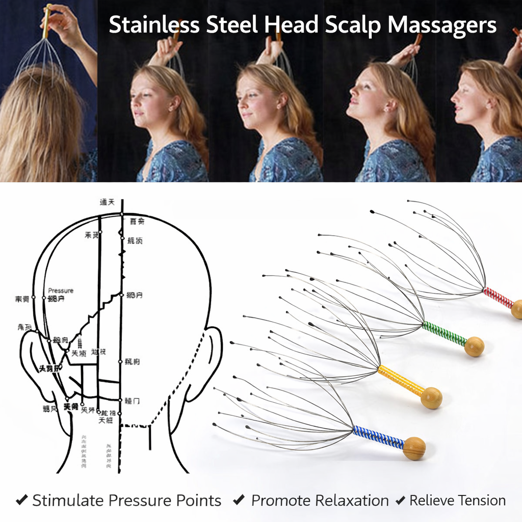 Premium Stainless Steel Head Scalp Massager with 16 Ultra-Flexible Wires and Soft Tips, designed for deep relaxation, stress relief, improved blood circulation, and a soothing tingling sensation.