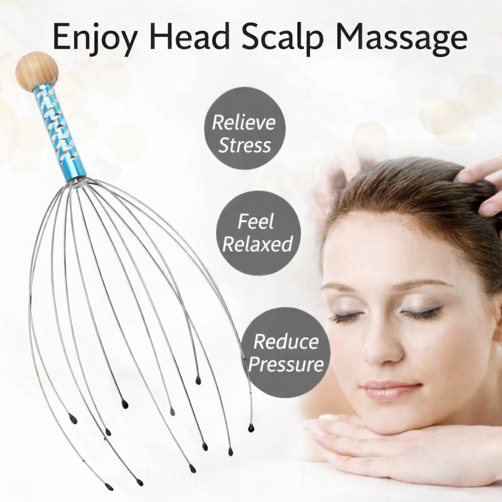 Premium Stainless Steel Head Scalp Massager with 16 Ultra-Flexible Wires and Soft Tips, designed for deep relaxation, stress relief, improved blood circulation, and a soothing tingling sensation.