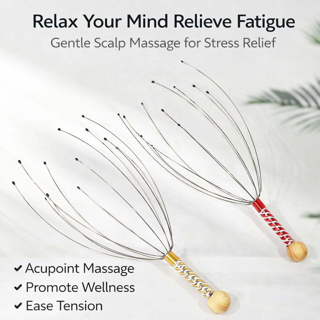 Premium Stainless Steel Head Scalp Massager with 16 Ultra-Flexible Wires and Soft Tips, designed for deep relaxation, stress relief, improved blood circulation, and a soothing tingling sensation.