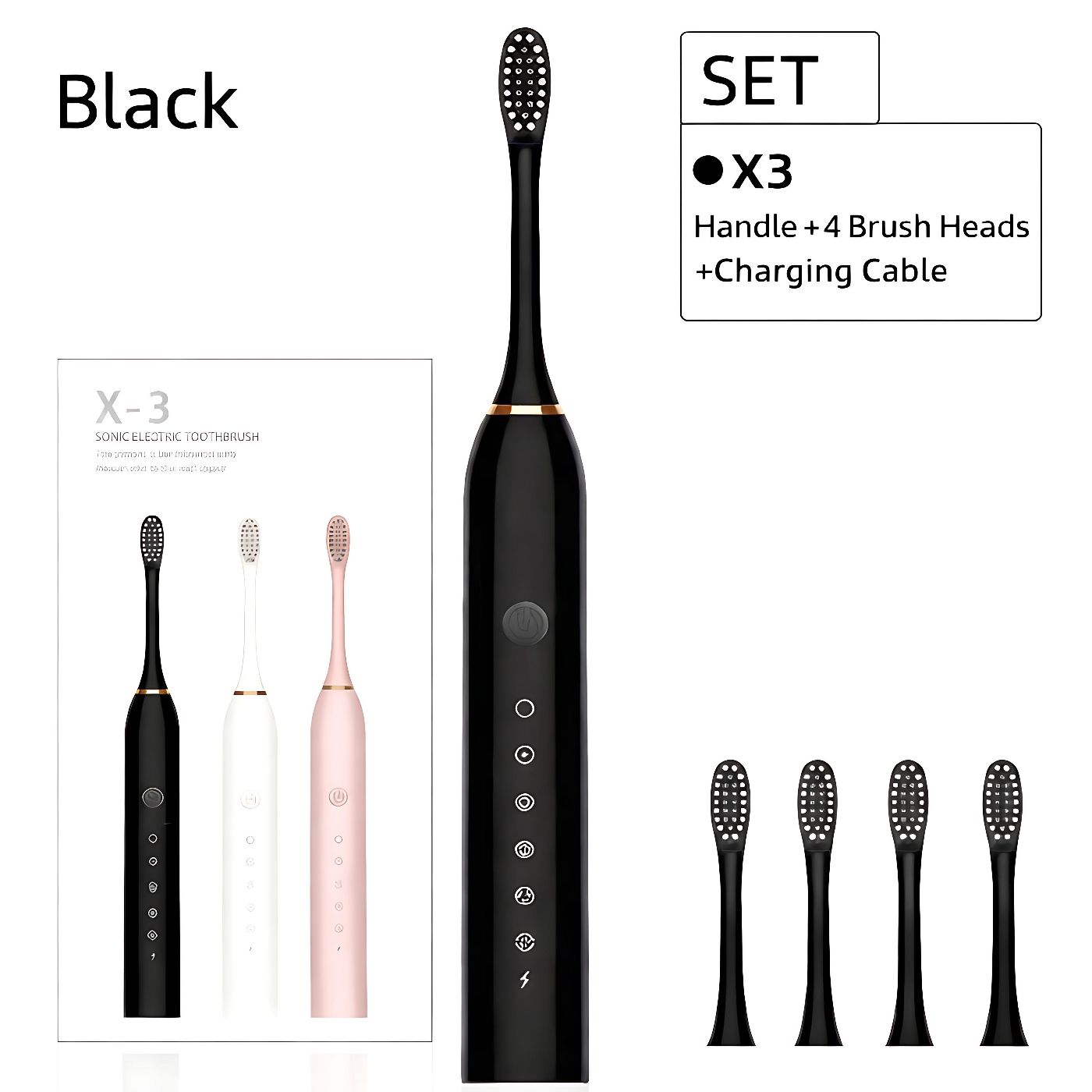Rechargeable Sonic Electric Toothbrush X3 featuring 6 smart cleaning modes, ultra-soft bristles, long-lasting power, and 4 replacement brush heads for deep cleaning, plaque removal, and healthier gums