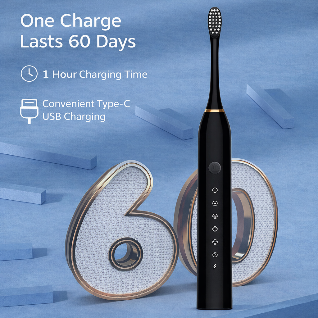 Rechargeable Sonic Electric Toothbrush X3 featuring 6 smart cleaning modes, ultra-soft bristles, long-lasting power, and 4 replacement brush heads for deep cleaning, plaque removal, and healthier gums