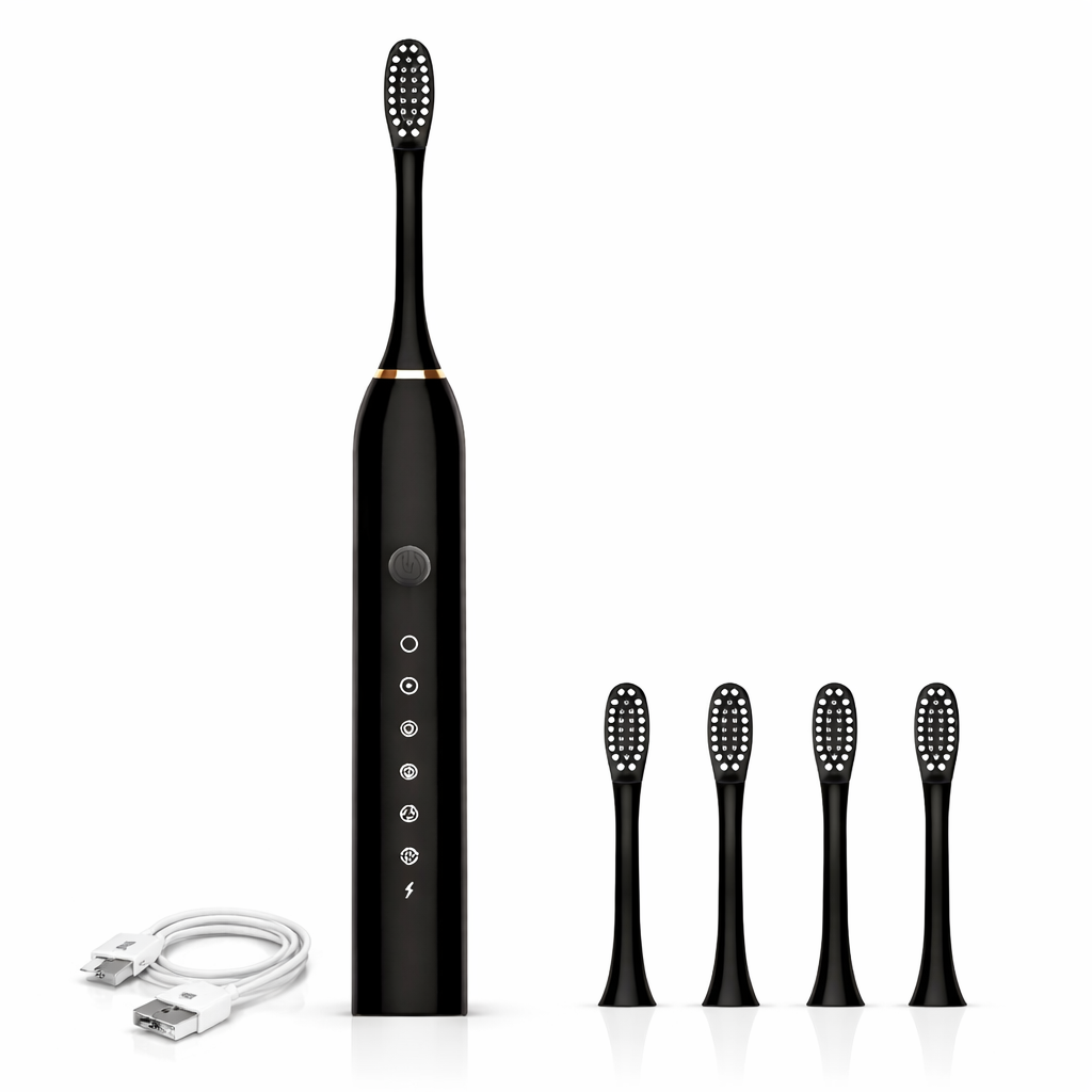 Rechargeable Sonic Electric Toothbrush X3 featuring 6 smart cleaning modes, ultra-soft bristles, long-lasting power, and 4 replacement brush heads for deep cleaning, plaque removal, and healthier gums