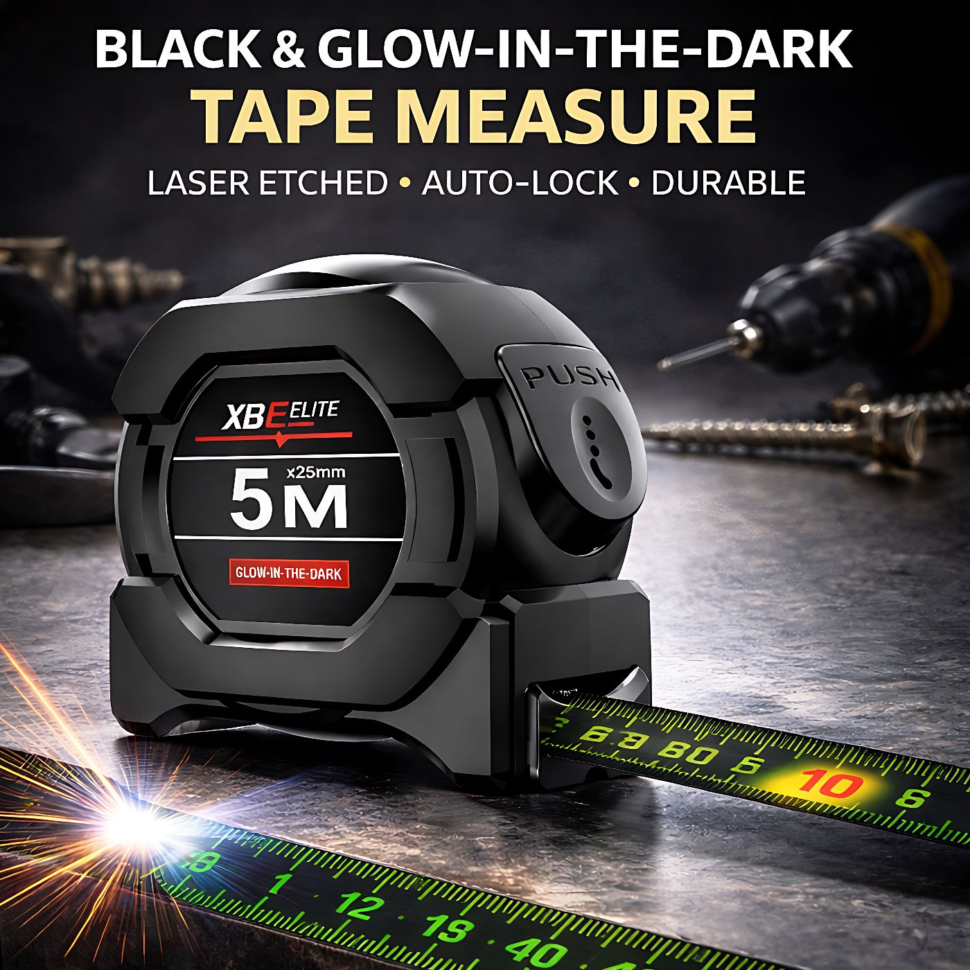10M Self-Locking Fluorescent Steel Tape Measure – High Precision Laser-Etched Measuring Tool with Auto-Lock, Glow-in-the-Dark Markings, Durable Steel Blade, Smooth Retraction, and Heavy-Duty Shock-Res