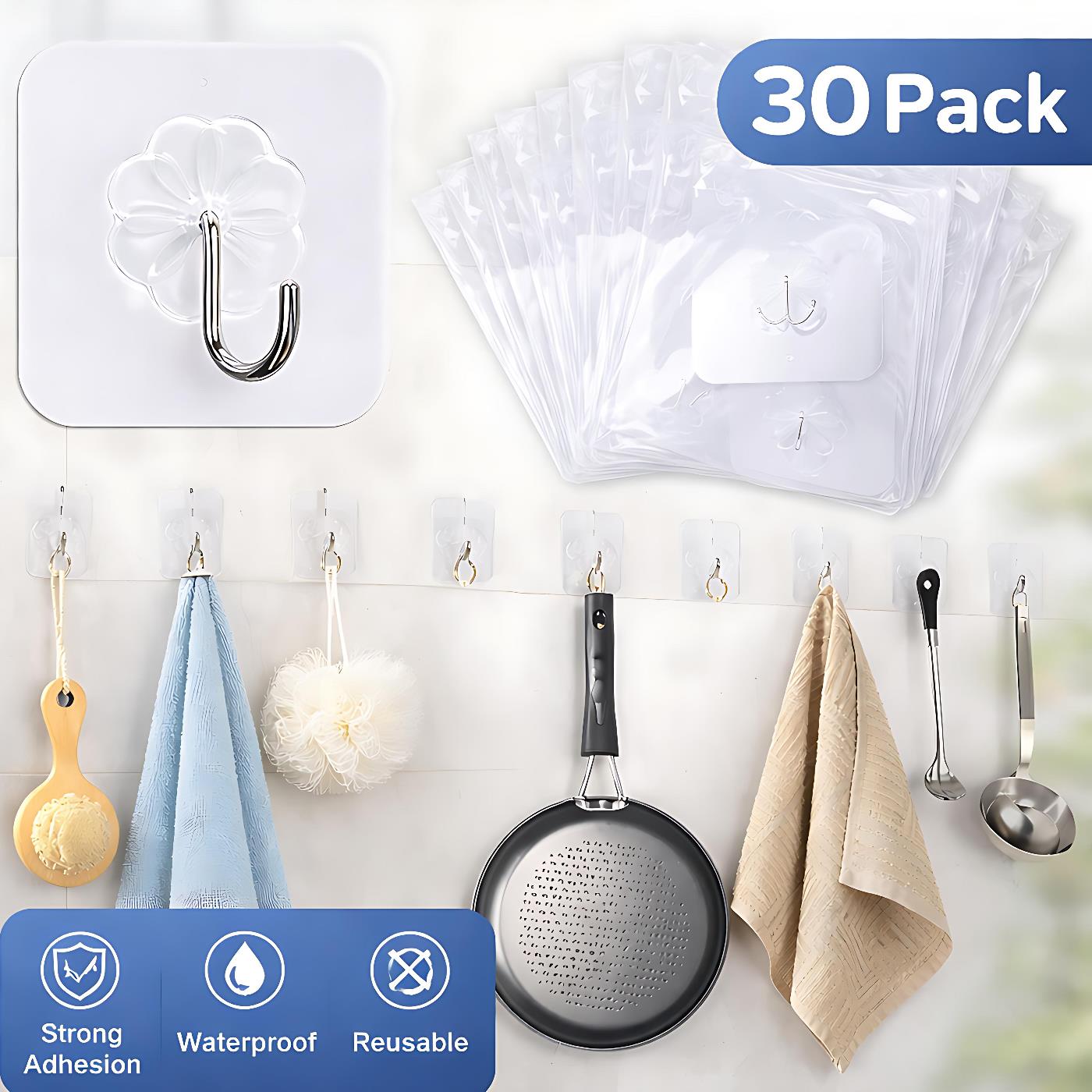 Strong Clear Adhesive Wall Hooks 30 Pack – Heavy Duty Waterproof Reusable Hooks for Kitchen & Bathroom Wall Hanging Hooks