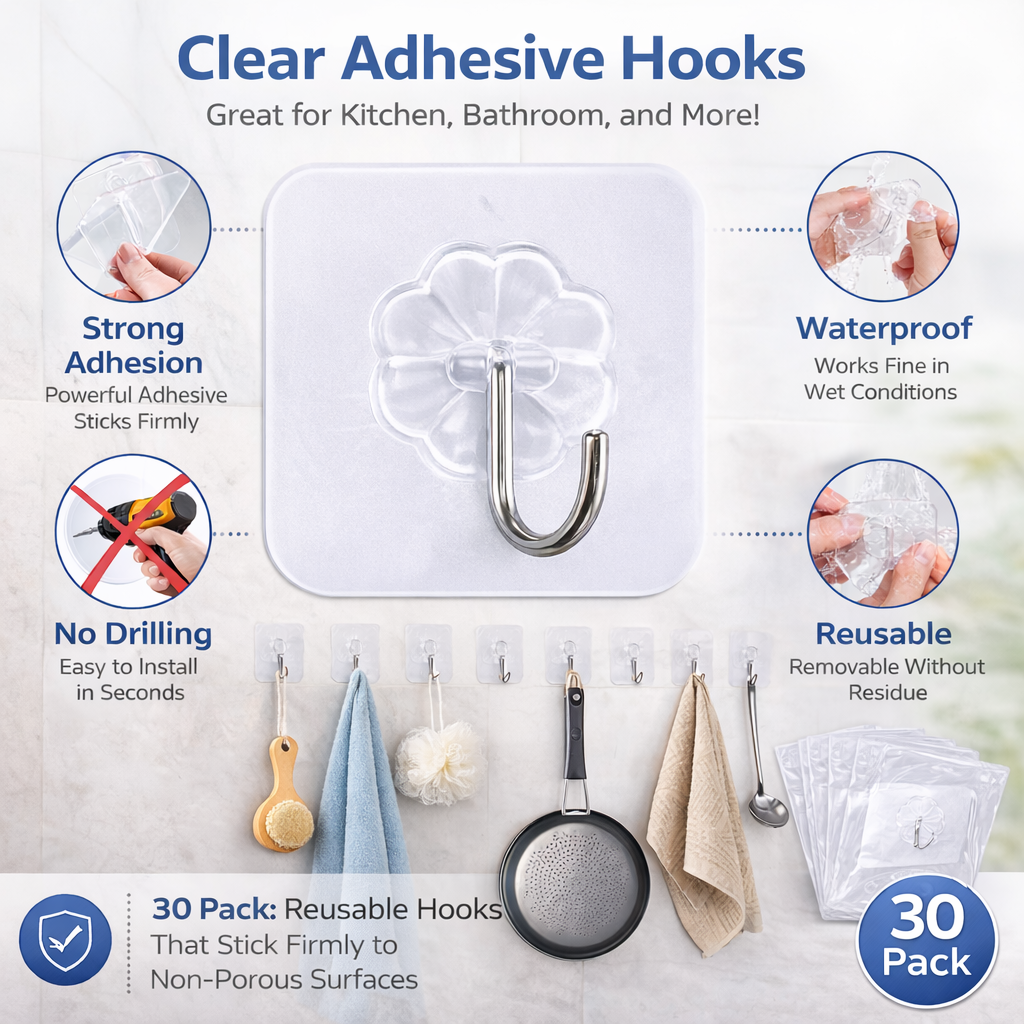 Strong Clear Adhesive Wall Hooks 30 Pack – Heavy Duty Waterproof Reusable Hooks for Kitchen & Bathroom Wall Hanging Hooks