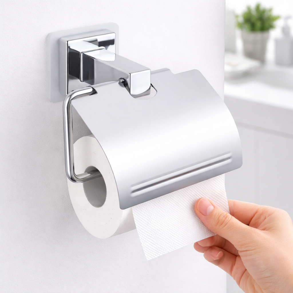 Stainless Steel Toilet Paper Holder with Cover – Wall Mounted, Rustproof, Modern Bathroom Tissue Rack