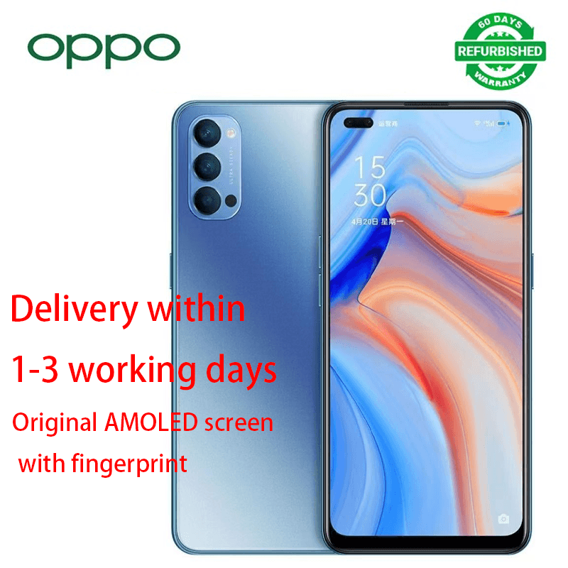 Refurbished OPPO Reno4 5G Original screen AMOLED with fingerprint 8GB+128GB 6.4 inches 48MP+32MP 4020mAh Face ID Dual SIM (Nano SIM) Qualcomm Snapdragon 765G