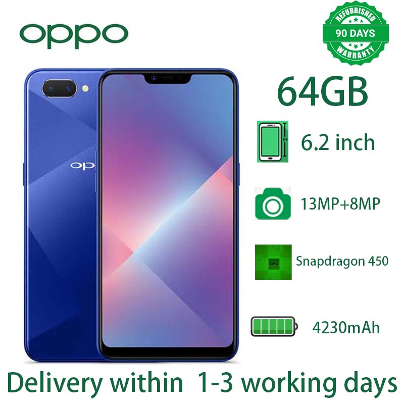 Refurbished oppo A5 /A3s Ram 4GB+Rom 64GB, Smartphone Android LTE Phone, 6.2 Inch Screen, Front 8mp, Rear 13mp + 2MP Camera, Face Unlock, 4230mah Battery, Octa Core Dual SIM Smartphone