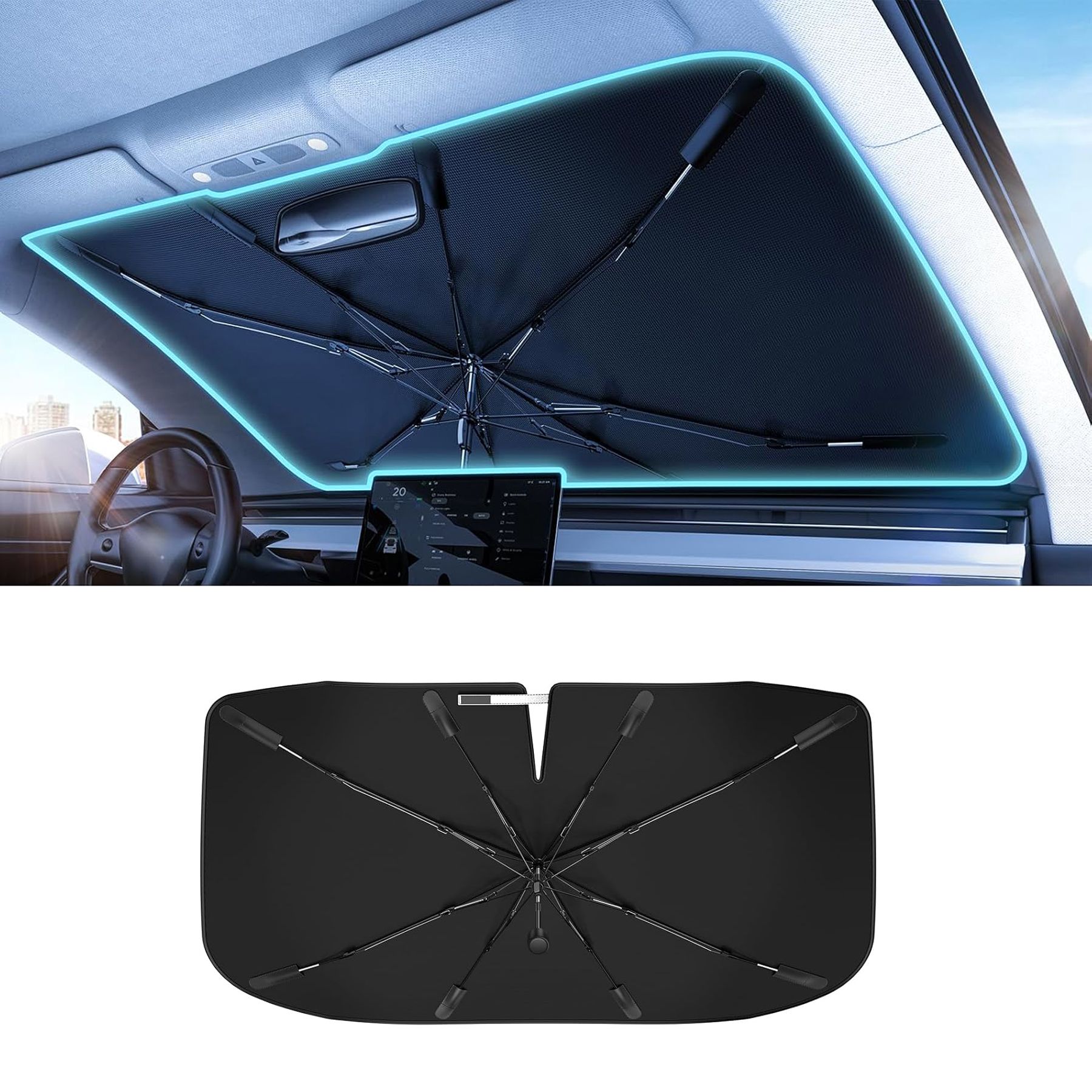 Windshield Sun Shade Umbrella - [Vinyl Coating Heat Shield] Protect Car from Sun Rays & Heat Damage Keep Cool and Protect Interior